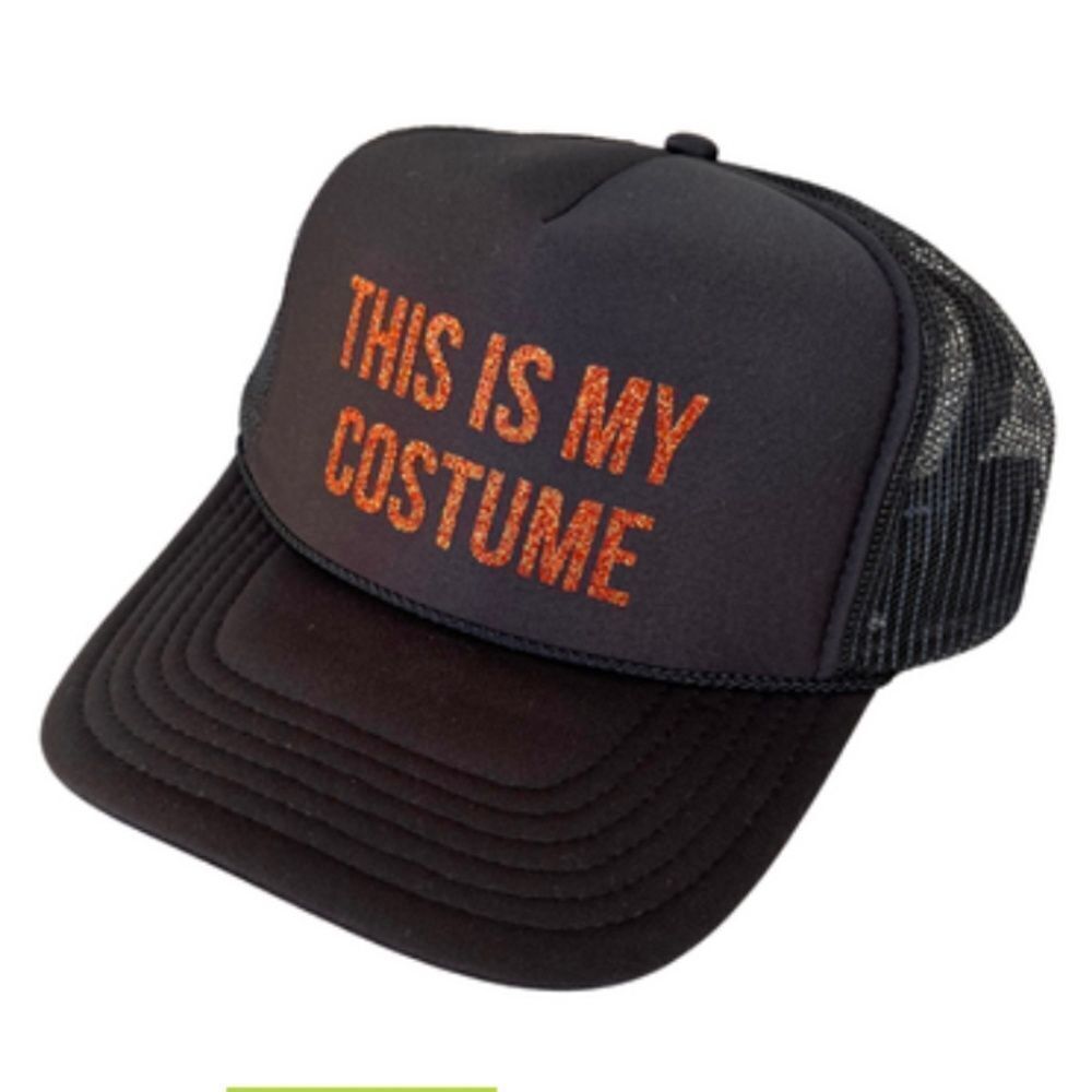 THIS IS MY COSTUME Trucker Hat Black & Orange Glitter Snap Back BRAND NEW Tags